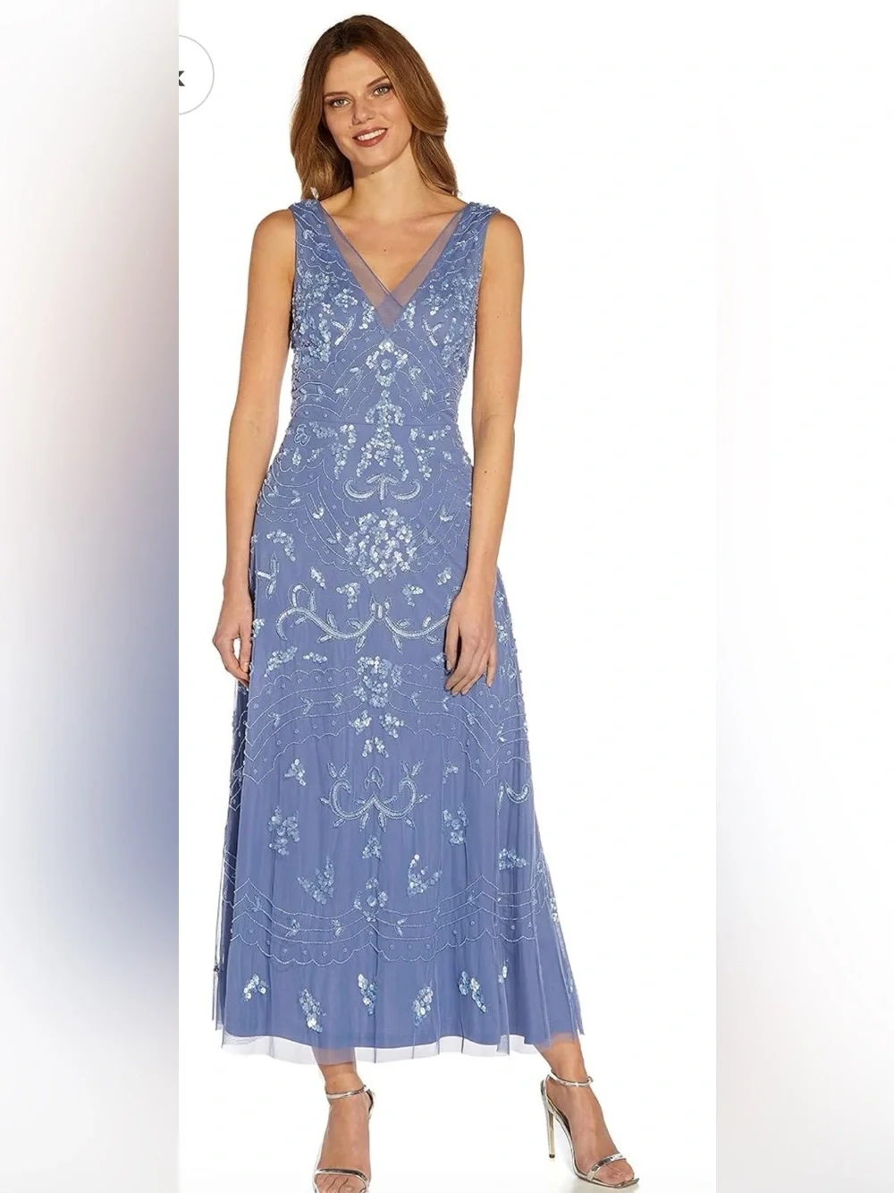 Adrianna Papell Dusty Blue V-Neck Embellished Maxi Dress - WORN ONCE- PERFECT